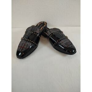 Mens, Black Patent Leather, Plaid, Monk Strap Backless Loafers Mules, Size12 EUC